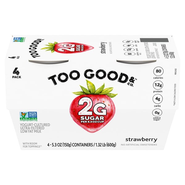 Yogurt Too Good & Co. Strawberry Flavored Low Fat Greek Yogurt Cultured Product Cups hero