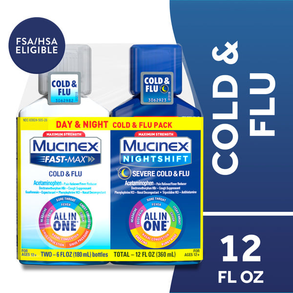 Cold, Flu & Allergy Mucinex Fast-Max Cold & Flu & Nightshift Severe Cold & Flu All-in-1 Multi-Symptom Relief hero