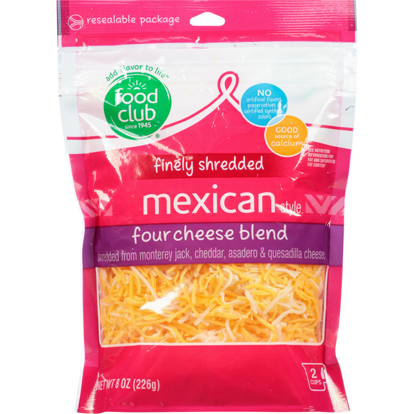 Packaged Cheese Food Club Finely Shredded Cheese, Four Cheese Blend, Mexican Style hero