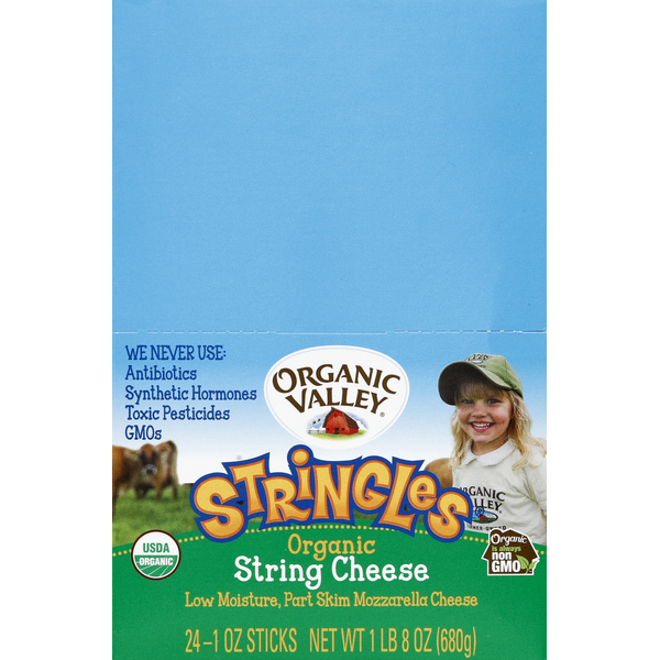 Packaged Cheese Organic Valley String Cheese, Organic, Low Moisture, Mozzarella, Part Skim hero