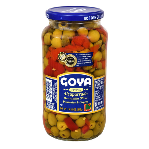 Pickles, Peppers & Olives Goya Pitted Alcaparrado, Manzanilla Olives, Pimientos & Capers hero