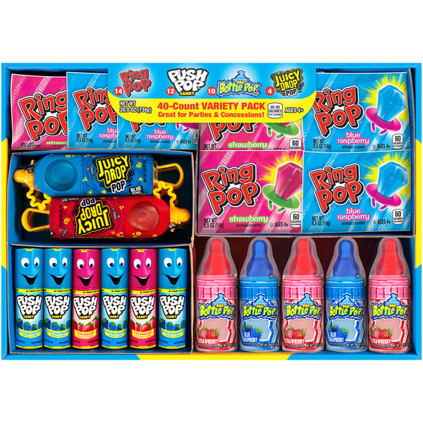 Candy & Chocolate Multi-brand Bazooka Candy Brands, Lollipop Variety Pack w/ Assorted Flavors of Ring Pop, Push Pop, Baby Bottle Pop, and Juicy Drop Pop (40 Count Box) hero