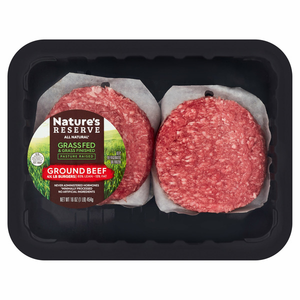 Packaged Meat Nature's Reserve 85% Lean 15% Fat Ground Beef Burgers hero