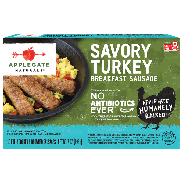 Hot Dogs, Bacon & Sausage Applegate Naturals  Naturals Savory Turkey Breakfast Sausage hero