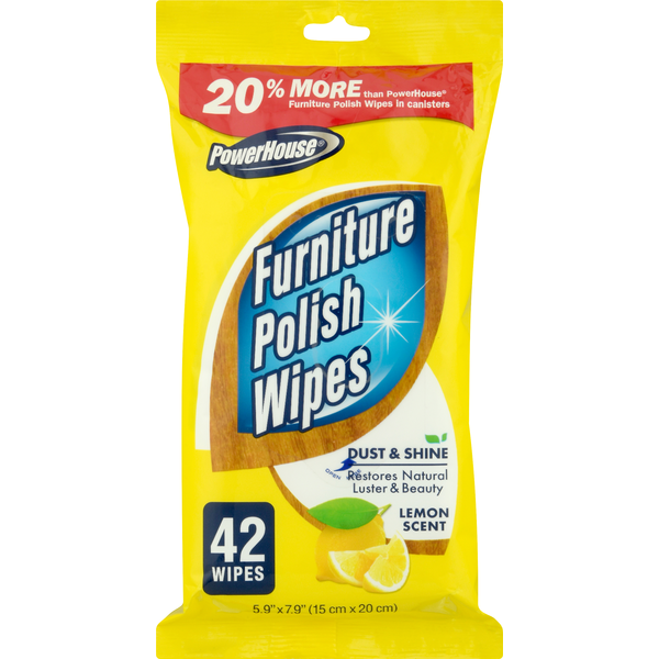 Cleaning Products PowerHouse Furniture Polish Wipes, Lemon Scent, Dust & Shine hero