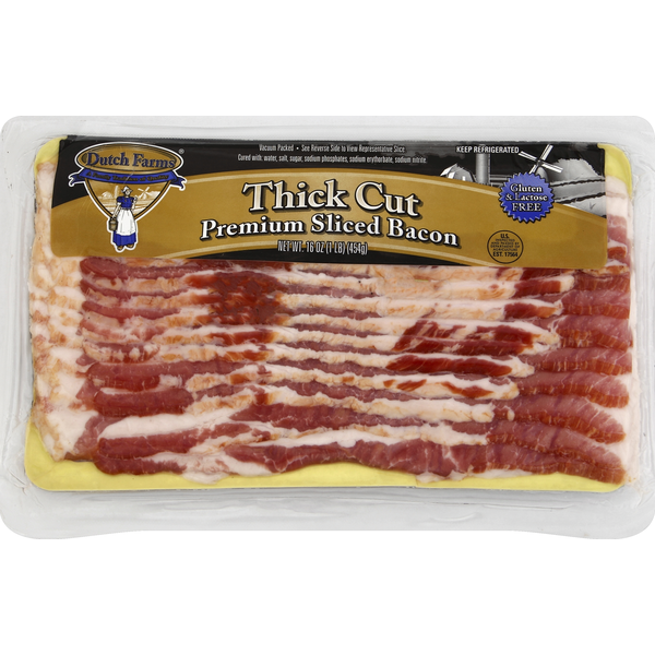 Hot Dogs, Bacon & Sausage Dutch Farms Bacon, Premium, Sliced, Thick Cut hero