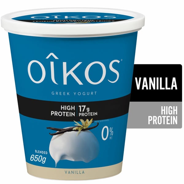 Yogurt Oikos High Protein Greek Yogurt, Vanilla Flavour, Blended, Value Tub hero