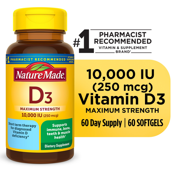 Vitamins & Supplements Nature Made Maximum Strength Vitamin D3 10000 IU (250 mcg) Softgels hero