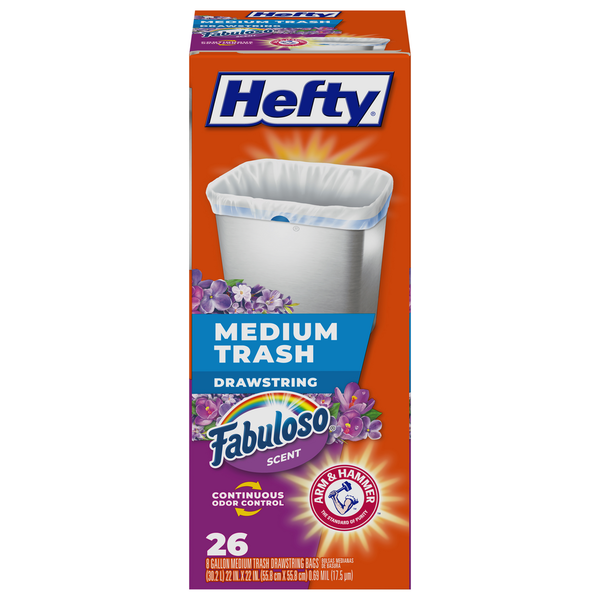 Hefty Trash Bags, Drawstring, Medium, Fabuloso Scent, 8 Gallon hero