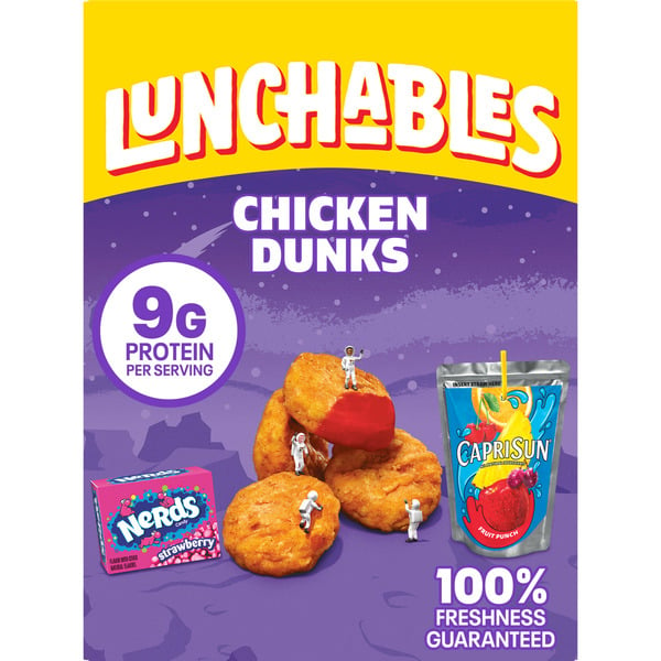 Lunch Meat-Prepackaged Lunchables Chicken Dunks Kids Lunch Snack Meal Kit with Capri Sun Drink & Nerds Candy hero