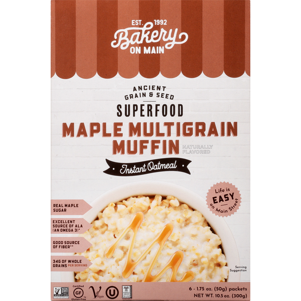 Hot Cereal & Pancake Mixes Bakery On Main Instant Oatmeal, Maple Multigrain Muffin, Superfood hero