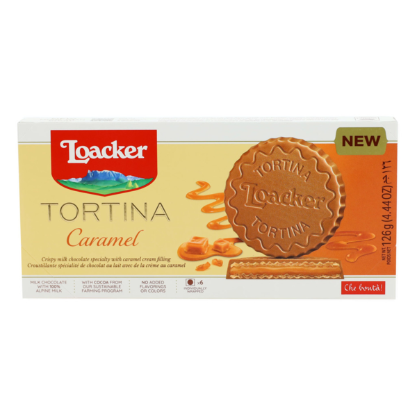 Biscotti, Cookies & Cakes Loacker Tortina Caramel, Premium Chocolate Coated Wafer Biscuit hero