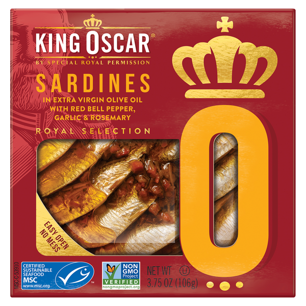 Oils & Vinegars King Oscar Sardines in Extra Virgin Olive Oil with Red Bell Pepper, Garlic & Rosemary hero