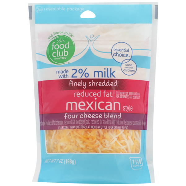 Packaged Cheese Food Club Mexican Style Four Cheese Blend Reduced Fat Cheddar, Monterey Jack, Asadero And Queso Quesadilla Finely Shredded Cheese hero