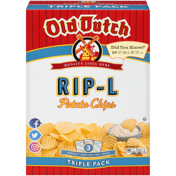 Chips & Pretzels Old Dutch Rip-L Potato Chips Triple Pack hero