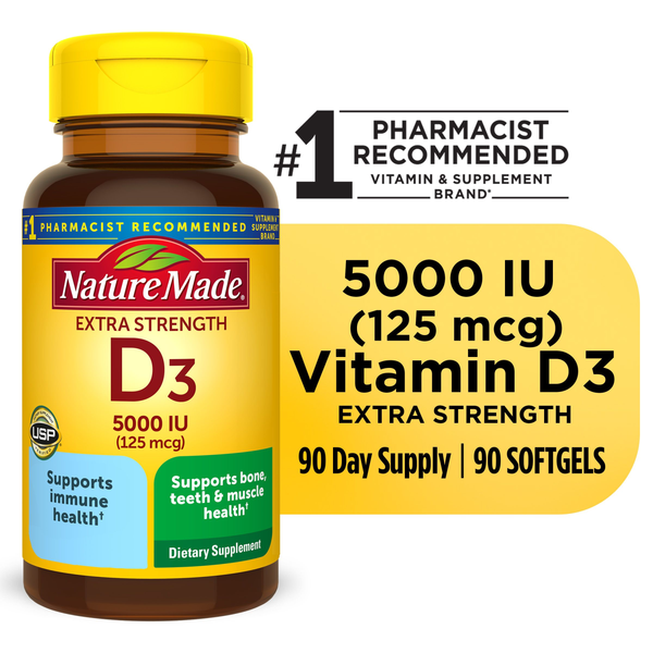 Supplements Nature Made Extra Strength Vitamin D3 5000 IU (125 mcg) Softgels hero