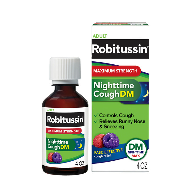 Cold, Flu & Allergy Robitussin Adult DM Nighttime Max Maximum Strength Liquid Cough Suppressant/Antihistamine hero