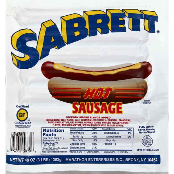 Hot Dogs, Bacon & Sausage Sabrett Sausage, Hot hero