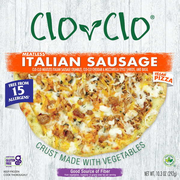 Frozen Pizza CLO-CLO Vegan Foods Plant-Based Meatless Italian Sausage Pizza hero