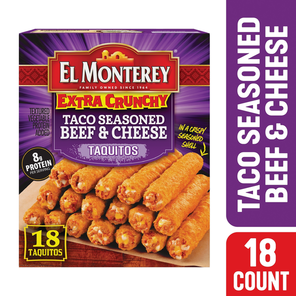 Frozen Appetizers & Sides El Monterey Extra Crunchy Taco Seasoned Beef & Cheese Taquitos hero