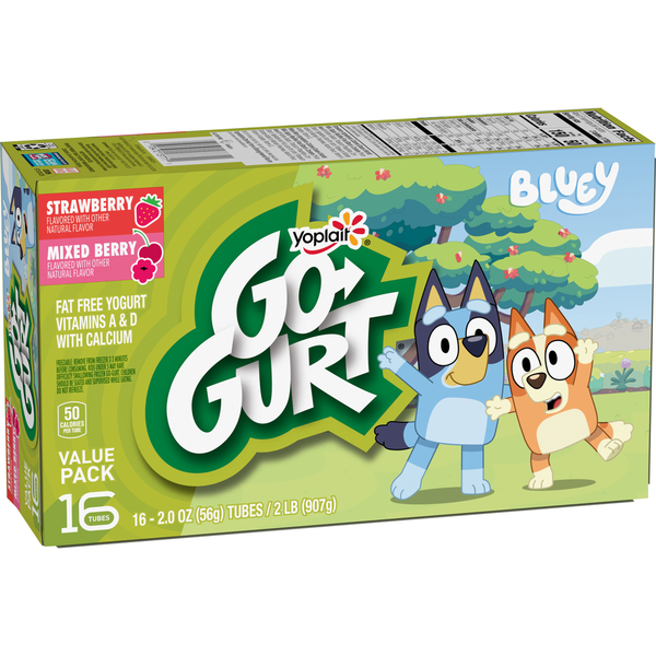 Yogurt Yoplait Go-GURT Bluey Strawberry and Mixed Berry Kids Fat Free Yogurt Tubes hero