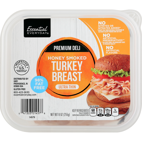 Lunch Meat Essential Everyday Turkey Breast, Honey Smoked, Ultra Thin, Premium Deli hero