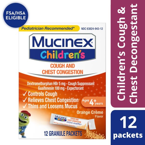 Cold, Flu & Allergy Mucinex Kid's Chest Congestion Expectorant & Cough Suppressant Mini-Melts, Orange Cream hero