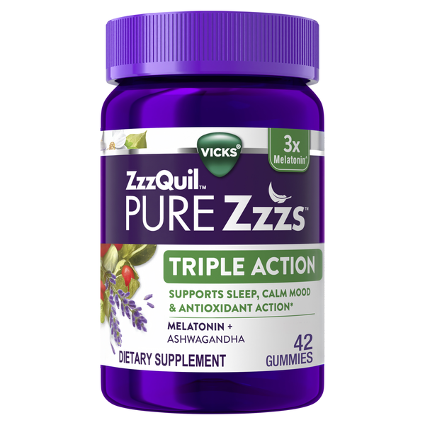 Vicks PURE Zzzs Triple Action Sleep Aid Gummies, with Ashwagandha, Dietary Supplement hero