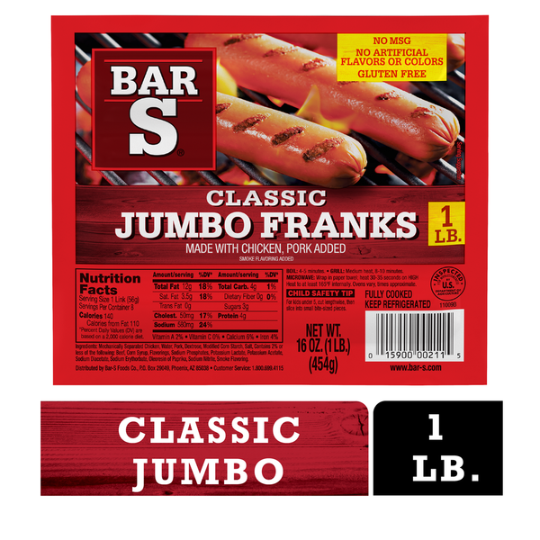 Hot Dogs, Bacon & Sausage Bar-S Classic Jumbo Franks Hot Dogs hero