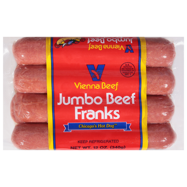 Hot Dogs, Bacon & Sausage Vienna Beef Beef Franks, Jumbo hero