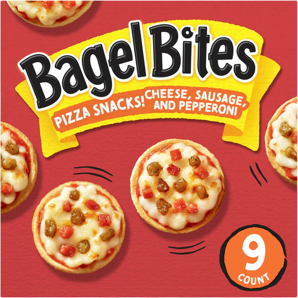 Frozen Appetizers & Sides Bagel Bites Cheese, Sausage & Pepperoni Mini Pizza Bagel Frozen Food Snacks hero