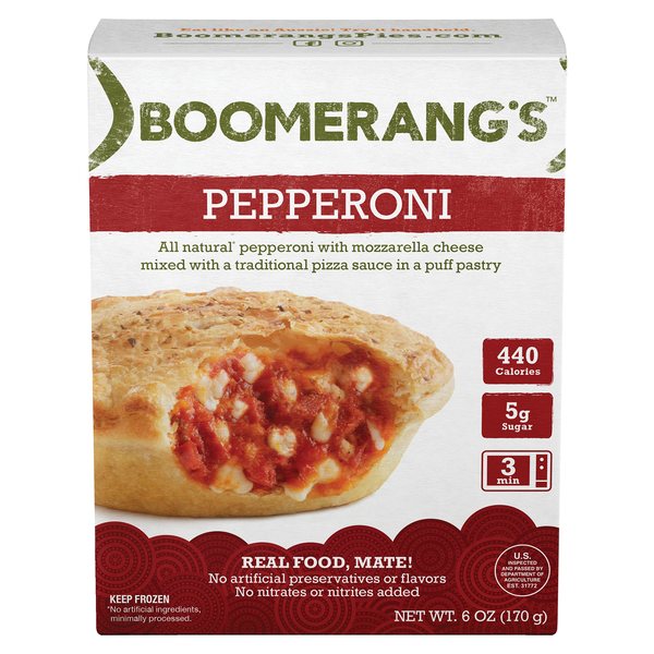 Frozen Meals Boomerang's Pepperoni Pizza Pie, Frozen Meal hero