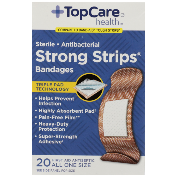 First Aid TopCare Strong Strips, Sterile Antibacterial First Aid Antiseptic All One Size Bandages hero