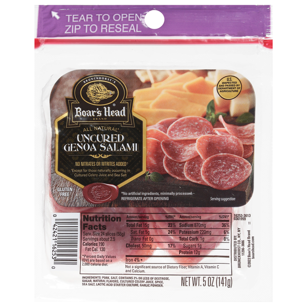 Lunch Meat Boar's Head Uncured Genoa Salami hero