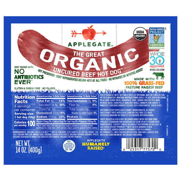 Hot Dogs, Bacon & Sausage Applegate Organics The Great Organic Uncured Beef Hot Dog hero