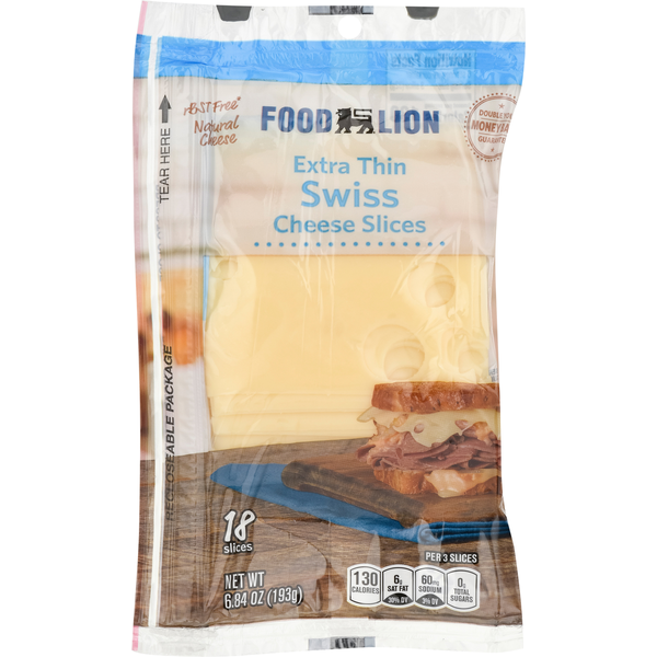 Packaged Cheese Food Lion Swiss Cheese Extra Thin Slices hero