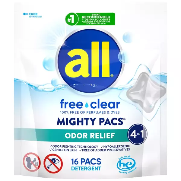 Laundry all Unit Dose Laundry Detergent Free Clear Mighty Pacs Odor Relief hero