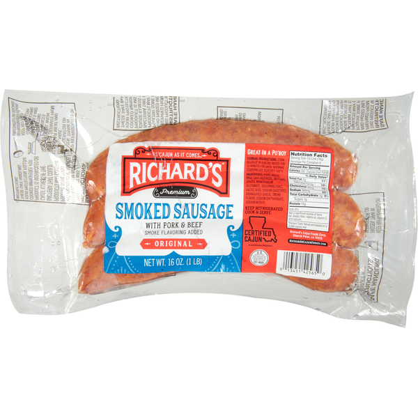 Hot Dogs, Bacon & Sausage Richard's Rainwater Smoked Sausage, Premium, Original hero