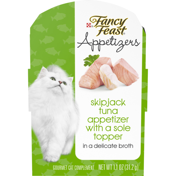 Cat Food & Care Purina Fancy Feast Grain Free Wet Cat Food Complement, Appetizers Skipjack Tuna With a Sole Topper hero