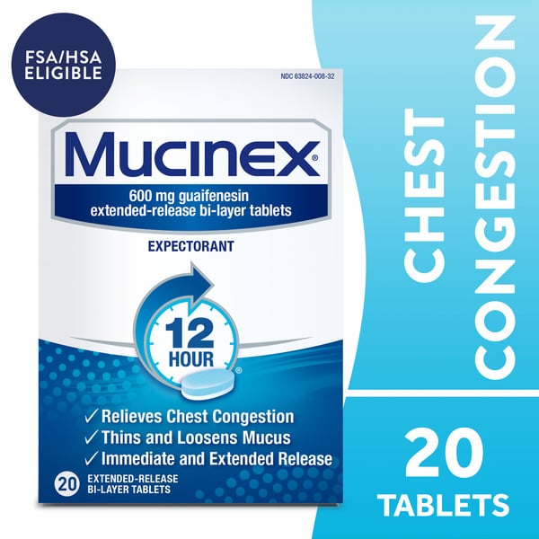 Cold, Flu & Allergy Mucinex Expectorant 12 Hour Extended Release Tablets, 600 mg Guaifenesin hero