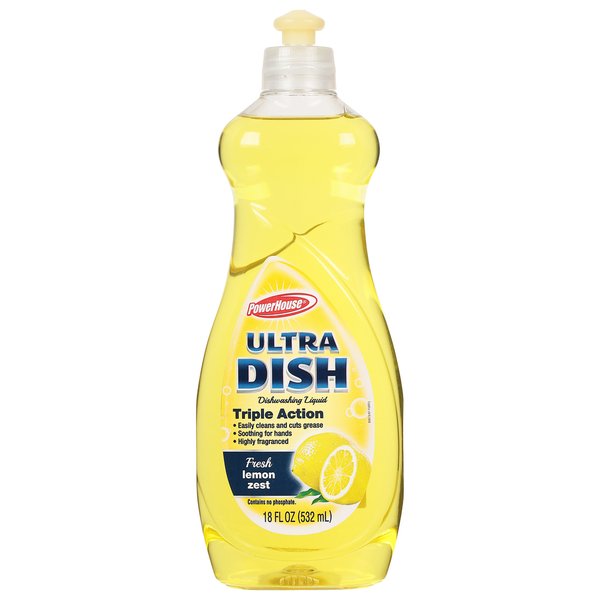 Dish Detergents PowerHouse Dishwashing Liquid, Ultra Dish, Triple Action, Fresh Lemon Zest hero