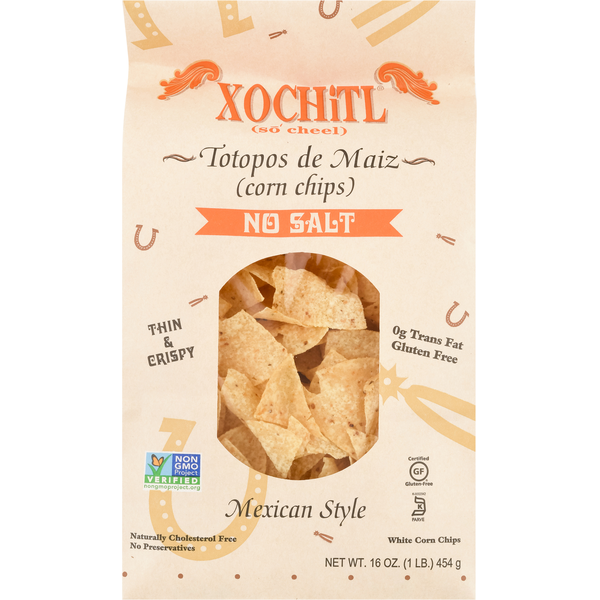 Chips & Pretzels Xochitl White Corn Chips, No Salt, Thin & Crispy, Mexican Style hero