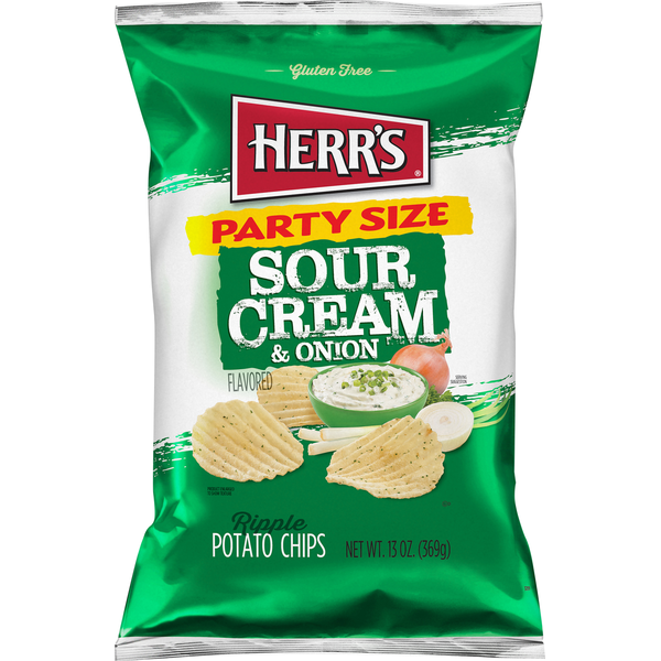 Chips & Pretzels Herr's Potato Chips, Sour Cream & Onion Flavored, Ripple, Party Size hero