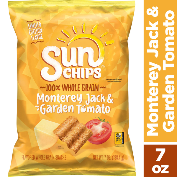 Chips & Pretzels Sun Chips Whole Grain Snacks, Monterey Jack & Garden Tomato hero