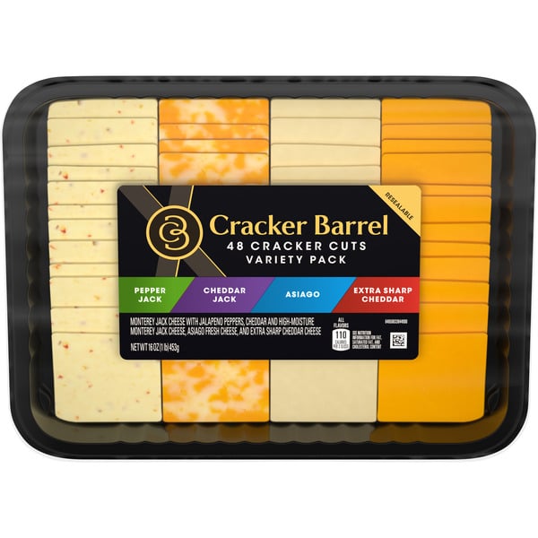 Packaged Cheese Cracker Barrel Cracker Cuts Pepper Jack, Cheddar Jack, Asiago & Extra Sharp Cheddar Cheese Slic hero