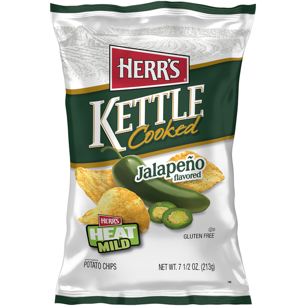 Chips & Pretzels Herr's Potato Chips, Kettle Cooked, Jalapeno Flavored hero