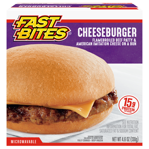 Prepared Meals Fast Bites Flamebroiled Beef Cheeseburger, 4.6 oz (Frozen) hero