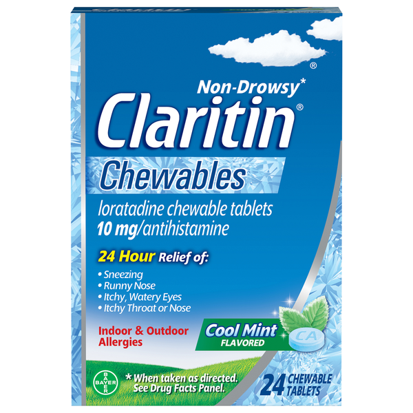 Cold, Flu & Allergy Claritin Antihistamine, Non-Drowsy, 10 mg, Chewable Tablets, Cool Mint Flavored hero