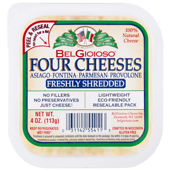 Specialty Cheeses BelGioioso Cheese, Freshly Shredded Natural Four Cheeses No Nat No Cell Cup hero