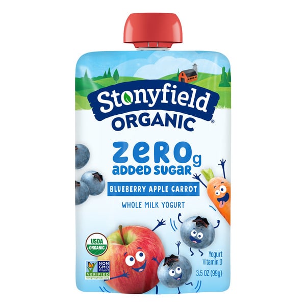 Yogurt/Kefir Stonyfield Organic Zero G Added Sugar Whole Milk Yogurt Pouch Blueberry Apple Carrot hero